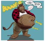  abdominal_bulge after_vore anthro beard belly big_belly bovid bovine brown_body brown_fur burping cattle dialogue facial_hair fur hand_on_stomach horn male mammal open_mouth puca-puca same_size_vore tongue vore 