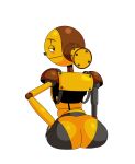  2022 blue_sky_studios butt female half-length_portrait hand_on_hip hi_res humanoid impstripe looking_at_viewer looking_back looking_back_at_viewer machine not_furry piper_pinwheeler portrait rear_view robot robot_humanoid robots_(film) simple_background solo white_background yellow_body 