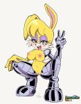  anthro big_breasts blush breasts crouching cybernetic_arm cybernetic_leg cybernetic_limb dripping_pussy female gesture hand_on_knee hand_on_leg hi_res lagomorph leporid mammal nipples open_mouth open_smile pepamintop rabbit seductive smile solo spread_legs spreading v_sign 