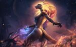 anthro breasts female fire forest glowing glowing_body grass kalfy magic plant scales scalie solo tree 