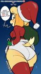 2021 animal_crossing anthro butt canid canine canis christmas christmas_clothing christmas_headwear clothed clothing costume dialogue domestic_dog english_text female fur hat headgear headwear hi_res holidays isabelle_(animal_crossing) looking_at_viewer looking_back looking_back_at_viewer mammal nintendo portrait rear_view santa_costume santa_hat shih_tzu solo speech_bubble talking_to_viewer tdtbaa text three-quarter_portrait toy_dog video_games yellow_body yellow_fur 