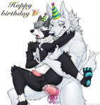  anthro balls big_penis birthday black_body black_nose blue_nose bodily_fluids canid canine canis cum cum_in_ass cum_inside domestic_dog duo feet fur genital_fluids genitals germoz6 hi_res humanoid larger_male male male/male mammal muscular paws penis simple_background size_difference teeth white_background white_body white_fur wolf 