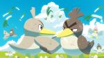  absurdres brown_eyes cloud commentary_request day farfetch&#039;d galarian_farfetch&#039;d handshake highres komepan leaf no_humans outdoors pokemon pokemon_(creature) scratches sky sweat 