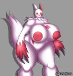  2016 anthro areola big_breasts biped blush breasts claws digital_media_(artwork) female fur hi_res huge_breasts hyper hyper_breasts looking_at_viewer mammal markings multicolored_body multicolored_fur nintendo nipples nude pok&eacute;mon pok&eacute;mon_(species) red_body red_fur simple_background solo superix thick_thighs two_tone_body two_tone_fur video_games white_body white_fur wide_hips zangoose 