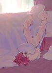  1boy bangs barefoot bed bedroom blanket casual closed_eyes curtains diluc_(genshin_impact) full_body genshin_impact hair_over_one_eye indoors inoooooue legs_up light_particles long_sleeves lying male_focus morning object_hug on_back on_ground one_eye_covered pajamas pants pillow pillow_hug red_hair solo upside-down wooden_floor 