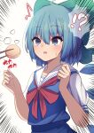  :o @_@ absurdres bangs blue_dress blue_eyes blue_hair bow breasts cirno darumoon dress fairy_wings green_bow hair_bow highres ice ice_wings neckerchief puffy_short_sleeves puffy_sleeves red_neckerchief sailor_collar short_hair short_sleeves simple_background small_breasts solo speech_bubble touhou translation_request white_background wings 