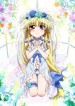  1girl blonde_hair blue_panties blush breasts bridal_veil bride choker closed_mouth collarbone dress eyebrows_behind_hair fate_testarossa flower frilled_choker frills hair_flower hair_ornament highres long_hair looking_at_viewer lyrical_nanoha mahou_shoujo_lyrical_nanoha mahou_shoujo_lyrical_nanoha_a&#039;s miyajima_hitoshi navel own_hands_clasped own_hands_together panties red_eyes rose shiny shiny_hair shiny_skin small_breasts smile solo underwear veil wedding_dress 