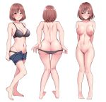  1girl absurdres ass bangs baretto_(karasi07) blush bra breasts brown_hair censored cleavage completely_nude female_pubic_hair from_behind full_body hair_ornament hairclip heart heart_censor highres higuchi_madoka idolmaster idolmaster_shiny_colors large_areolae large_breasts looking_at_viewer mole mole_under_eye navel nipples nude panties panty_pull plantar_flexion pubic_hair purple_eyes shiny shiny_skin short_hair shoulder_blades simple_background solo underwear underwear_only undressing wavy_hair white_background wide_hips 