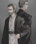  2boys anakin_skywalker beard belt blonde_hair blue_eyes brown_belt facial_hair mmttbbcc mole mole_under_eye multiple_boys obi-wan_kenobi simple_background star_wars star_wars:_attack_of_the_clones 