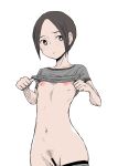  1girl bar_censor black_eyes black_hair breasts bright_pupils censored clothes_lift female_pubic_hair flat_chest hagaa lifted_by_self original panties panty_pull pubic_hair shirt_lift short_hair small_breasts solo underwear white_background white_pupils 