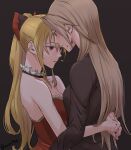  2girls arms_around_waist bare_arms black_background black_bow black_shirt blonde_hair bow brown_hair choker closed_mouth collarbone couple earrings eye_contact gem granblue_fantasy hair_bow high_ponytail highres hug jewelry katalina_(granblue_fantasy) long_hair looking_at_another looking_down looking_up miso-ha_(ukyuu) multiple_girls parted_lips red_bow red_eyes red_gemstone shirt sleeveless straight_hair strapless sweatdrop twitter_username two-tone_bow very_long_hair vira_(granblue_fantasy) yuri 