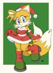  anthro blush boots breasts canid canine christmas cleavage clothed clothing clothing_lift crossgender curvy_figure dress dress_lift female footwear fox gloves handwear hat head_tilt headgear headwear hi_res holidays looking_at_viewer mammal miles_prower on_one_leg pepamintop sega solo sonic_the_hedgehog_(series) standing thick_thighs wide_hips 