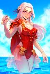  1girl absurdres blush cape casual_one-piece_swimsuit closed_mouth edelgard_von_hresvelg fire_emblem fire_emblem:_three_houses fire_emblem_heroes hair_ornament hair_ribbon highres long_hair looking_at_viewer one-piece_swimsuit purple_eyes red_cape ribbon sethkiel smile solo swimsuit uniform water white_hair 