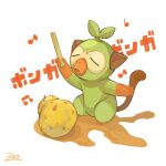  berry_(pokemon) closed_eyes commentary_request grookey holding holding_stick musical_note no_humans open_mouth outstretched_arm oyasuminjyutsu pokemon pokemon_(creature) sitrus_berry solo standing stick 