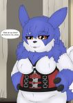  absurd_res amy_the_mystgoose blue_body blue_fur breasts chubby_female clothing darknetic digital_media_(artwork) dressing_room_(disambiguation) english_text fak&eacute;mon female feral fluffy fur gear hi_res hybrid meowstic mystgoose nintendo open_mouth pok&eacute;mon pok&eacute;mon_(species) red_sclera shaded simple_background slightly_chubby solo text topwear video_games white_body white_fur yellow_eyes zangoose 