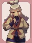  1girl blush brown_eyes cowboy_shot eye_symbol facial_mark forehead_mark forehead_tattoo grey_hair hair_ornament hair_stick hair_tubes hand_up highres jewelry long_hair looking_at_viewer necklace paya_(zelda) pointy_ears sheikah short_sleeves solo the_legend_of_zelda the_legend_of_zelda:_breath_of_the_wild user_tvuu5887 