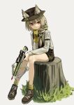  1girl absurdres arknights beanstalk_(arknights) braid crossbow ears_through_headwear full_body gloves grass hand_on_own_chin hat highres holding holding_crossbow holding_weapon hyena_ears hyena_girl infection_monitor_(arknights) looking_at_viewer shoes short_hair simple_background sitting solo tree_stump weapon white_background yellow_gloves yoon_cook 