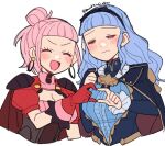  2girls ^_^ blue_hair blush breasts capelet cleavage cleavage_cutout closed_eyes clothing_cutout do_m_kaeru earrings embarrassed fire_emblem fire_emblem:_three_houses fire_emblem_warriors:_three_hopes gloves hair_bun heart heart_hands heart_hands_duo hilda_valentine_goneril jewelry large_breasts marianne_von_edmund multiple_girls pink_hair 
