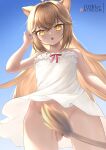  1girl :o absurdres animal_ears ass_visible_through_thighs bangs bare_arms blonde_hair blue_background blush crossed_bangs dress fang from_below hair_between_eyes halterneck highres indie_virtual_youtuber lion_ears lion_girl lion_tail lo_xueming long_hair looking_at_viewer no_panties rurudo_lion solo tail tail_censor virtual_youtuber white_dress yellow_eyes 