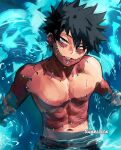  1boy artist_name black_hair blue_eyes blue_fire boku_no_hero_academia burn_scar cheek_piercing dabi_(boku_no_hero_academia) fire highres male_focus messy_hair multiple_scars navel piercing scar scar_on_neck sharl0ck solo staple stapled symbol-only_commentary topless_male 