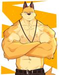  abs absurd_res anthro belt blush bodily_fluids canid canine clothed clothing crossed_arms flustered fox fuyuki_yamamoto_(odd_taxi) hi_res male mammal muscular muscular_male nipples obstacle033 odd_taxi pecs simple_background solo sweat topless 