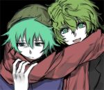  2boys :d beanie black_background bright_pupils cherry_(sp_gkdla) closed_mouth colored_skin frown green_eyes green_hair green_headwear hair_between_eyes hat highres hiyori_sou kimi_ga_shine korean_commentary male_focus midori_(kimi_ga_shine) multiple_boys open_mouth red_scarf scarf shared_clothes shared_scarf short_hair smile white_pupils white_skin 