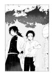  2boys absurdres anachronism bag bangs belt border bus_stop collarbone cowboy_shot day demon_slayer_uniform earrings greyscale haori height_difference highres holding_hands japanese_clothes jewelry kamado_tanjirou kimetsu_no_yaiba long_hair long_sleeves male_focus monochrome multiple_boys necktie outdoors pants plant scar scar_on_face scar_on_forehead school_bag school_uniform shiki_2589 short_hair side-by-side standing sweat tomioka_giyuu watch wide_sleeves wristwatch 