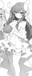  1girl anna_(ikeuchi_tanuma) blank_speech_bubble blush bouquet breasts cleavage detached_sleeves dress flower garter_straps glaring greyscale highres holding holding_bouquet holding_flower ikeuchi_tanuma long_hair looking_at_viewer medium_breasts monochrome multiple_views original speech_bubble standing thighhighs wedding_dress 