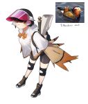  1girl absurdres backpack bag bike_shorts bird black_footwear black_hair blush bow commentary duck full_body gomulgong harpy highres jacket knee_brace monster_girl original personification reference_inset shoes short_hair simple_background sneakers solo visor_cap white_background white_hair white_jacket winged_arms wings yellow_eyes 