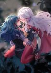  2girls absurdres after_kiss aiguillette armor black_footwear black_jacket blue_hair blurry bottomless byleth_(fire_emblem) byleth_(fire_emblem)_(female) cape chinese_commentary closed_eyes commentary_request depth_of_field edelgard_von_hresvelg facing_another fingering fire_emblem fire_emblem:_three_houses fringe_trim from_above garreg_mach_monastery_uniform gauntlets hair_ribbon half_updo high_heels highres jacket leaf lens_flare long_hair multiple_girls outdoors pauldrons pink_hair red_cape red_legwear ribbon saliva saliva_trail san_xun_san_ye second-party_source shoulder_armor sitting sitting_on_lap sitting_on_person thighhighs yuri 