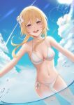 1girl absurdres bare_arms bare_shoulders bikini bird blonde_hair blue_sky blush breasts bubble chiisa970 cleavage cloud cloudy_sky day flower genshin_impact groin hair_flower hair_ornament halterneck highres leaning_forward looking_at_viewer lumine_(genshin_impact) medium_breasts navel ocean open_mouth outdoors partially_submerged short_hair_with_long_locks side-tie_bikini sky smile solo standing stomach swimsuit teeth water white_bikini 