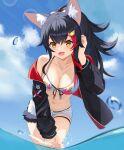 1girl absurdres animal_ear_fluff animal_ears bikini black_hair breasts commentary highres hololive jacket jiang_ye_kiri leaf_print maple_leaf_print multicolored_hair ookami_mio red_hair streaked_hair swimsuit tail tail_around_leg tail_wrap virtual_youtuber wading wolf_ears wolf_girl wolf_tail 