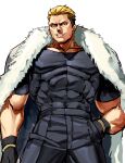  1boy bara belt black_hair black_shirt blonde_hair coat fatal_fury fingerless_gloves gloves grin highres houjoh_(7th-heaven) looking_at_viewer male_focus multicolored_hair muscular muscular_male pants pectorals shirt short_hair smile teeth the_king_of_fighters tight tight_shirt two-tone_hair yamazaki_ryuuji 