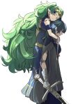  2girls armlet arms_around_neck blue_eyes blue_hair breasts byleth_(fire_emblem) byleth_(fire_emblem)_(female) capelet clothing_cutout dress fire_emblem fire_emblem:_three_houses green_eyes green_hair highres large_breasts long_hair looking_ahead looking_at_viewer multiple_girls shishima_eichi simple_background sothis_(fire_emblem) sword tiara very_long_hair weapon white_background 