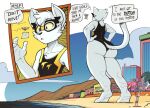  2022 anthro beach big_butt butt domestic_cat ducky_(artist) felid feline felis fur hands_on_hips lagomorph larger_male leporid macro male mammal rabbit seaside size_difference superhero taking_picture thunder_thighs_(kyrm) unaware white_body white_fur 