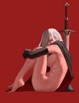  1girl absurdres barefoot black_gloves breasts cape completely_nude covering_mouth elbow_gloves feet fetal_position full_body gloves hair_over_one_eye harris_hero highres knees_to_chest large_breasts long_hair looking_at_viewer nude original red_background red_eyes ribs serious shadow sideboob simple_background solo sword v-shaped_eyebrows weapon white_hair 