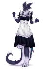  3_toes 5_fingers anthro black_body black_fur breasts clothed clothing dragon embarrassed feet female fingers fur hi_res horn louraa maid_uniform neck_tuft on_one_leg simple_background solo standing toes tuft uniform white_background white_body white_fur yellow_eyes 