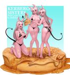  3girls absurdres animal_ears ass blue_background breasts butter cerberus_(helltaker) colored_skin demon_girl demon_tail duplicate extra_ears food hellcherr helltaker highres large_breasts looking_at_another looking_at_food looking_at_viewer multiple_girls open_mouth pancake pink_skin pixel-perfect_duplicate red_eyes simple_background syrup tail 