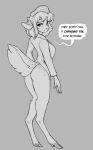 anthro antlers big_tail bottomless breasts butt cervid clothed clothing crossgender dialogue female hat headgear headwear hooves horn malcolm_(changeling_tale) mammal monochrome mtf_crossgender shirt solo topwear watsup 