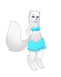  2016 3_toes 5_fingers absurd_res alpha_channel anthro arctic_fox black_nose blue_eyes bottomwear breasts canid canine clothed clothing cute_fangs deerrobin feet female fingers fluffy fluffy_tail fox front_view fur glistening glistening_clothing hair hand_on_hip hi_res inner_ear_fluff looking_at_viewer mammal navel neck_tuft open_mouth paws simple_background skirt slim smile snow_crystal solo standing tassels toes topwear transparent_background tube_top tuft white_body white_fur white_hair 