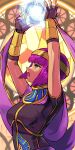  1girl bangs blunt_bangs bob_cut crystal_ball dark-skinned_female dark_skin elbow_gloves energy_ball fingerless_gloves gloves green_eyes highres menat open_mouth purple_hair purple_lips short_hair solo street_fighter street_fighter_v tiara usekh_collar yagi2013 