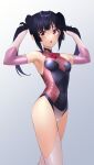  1girl absurdres bangs black_hair blunt_bangs blush breasts covered_navel elbow_gloves gloves highres leotard long_hair looking_at_viewer nyanmaru open_mouth pink_eyes pink_leotard senki_zesshou_symphogear shiny shiny_hair shiny_skin skin_tight small_breasts solo standing sweat thighhighs tsukuyomi_shirabe twintails 