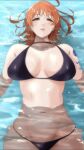  1girl bikini breasts choker highres large_breasts looking_at_viewer medium_hair moriton nami_(one_piece) navel one_piece orange_eyes orange_hair solo swimsuit tattoo wet wet_clothes wet_swimsuit 
