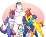  2022 abs agitype01_(character) anthro balls biceps blue_body claws digital_media_(artwork) dragon foreskin genitals glans group hi_res looking_at_viewer male musclegut navel nude pecs penis scalie serex simple_background smile teeth vein veiny_penis white_body yellow_body 