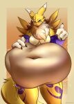  absurd_res anthro armwear bandai_namco belly big_belly black_sclera breasts clothing digimon digimon_(species) female female/female fur gloves handwear hi_res multicolored_body multicolored_fur nude renamon solo vore yellow_body yellow_fur 