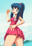  1girl :d ass blue_eyes blue_hair breasts cloud dawn_(pokemon) jewelry long_hair looking_at_viewer open_mouth pokemon pokemon_(anime) pokemon_dppt_(anime) ponytail ryuntack sleeveless smile solo swimsuit 