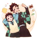  2boys arms_behind_head arms_up bird black_necktie black_pants blue_shirt blush blush_stickers brown_hair checkered_clothes chick cropped_legs demon_slayer_uniform earrings egg hand_up haori happy japanese_clothes jewelry kamado_sumihiko kamado_tanjirou kimetsu_no_yaiba leaning_to_the_side long_sleeves looking_at_viewer male_focus multiple_boys necktie pants raccoon red_eyes red_hair scar scar_on_face scar_on_forehead school_uniform shirt short_hair sweater_vest time_paradox ungungzza white_background 