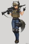  1girl ;d absurdres animal_ear_fluff animal_ears black_gloves black_hair blue_pants brown_footwear commentary_request fake_animal_ears fang gloves grey_background grey_shirt gun hair_between_eyes hand_up highres holding holding_gun holding_weapon index_finger_raised knee_pads long_hair looking_at_viewer ndtwofives one_eye_closed original pants purple_eyes rifle scope shirt shoes short_sleeves simple_background smile sniper_rifle sniper_scope solo sr-25 tactical_clothes tail transparent twitter_username weapon 