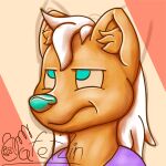  annoyed anthro blue_eyes blue_nose cafet&#039;zin_(artist) canid canine canis domestic_dog female fur hair hi_res inner_ear_fluff long_hair mammal shaded signature simple_background simple_shading solo tan_body tan_fur tuft white_hair 