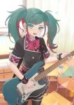  1girl absurdres belt blue_eyes blush bottle bow bowtie buttons double-breasted electric_guitar fender_stratocaster flustered frills green_eyes green_hair guitar hair_ornament hairclip hatsune_miku highres holding holding_instrument indoors instrument leo/need_(project_sekai) multicolored_hair nail_polish open_mouth pink_hair plaid project_sekai safety_pin school_uniform short_sleeves skirt solo streaked_hair sweat thighhighs twintails two-tone_hair vocaloid vs0mr water_bottle wrist_cuffs 